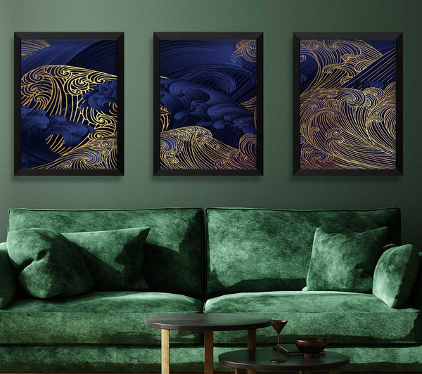Gold and Blue Waves Japanese Art