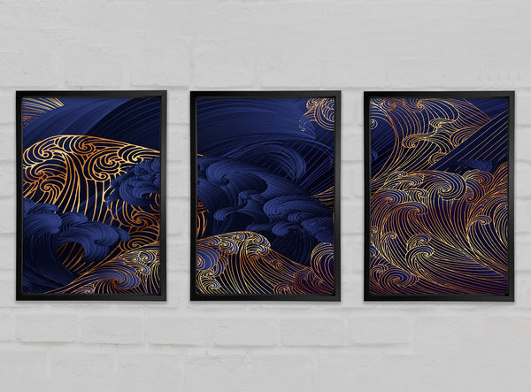 Gold and Blue Waves Japanese Art 3 Piece Prints