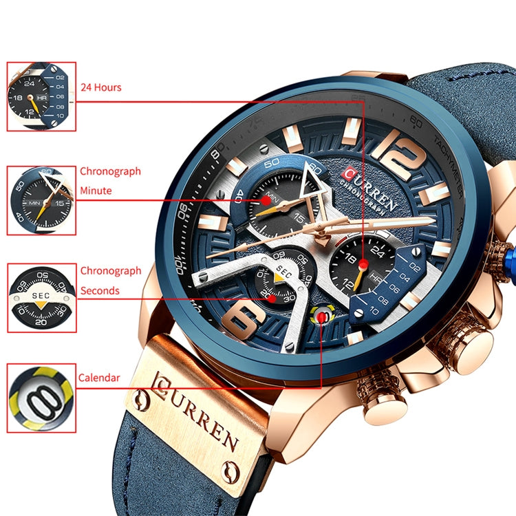 CURREN M8329 Casual Sport Leather Watch for Men, Rose blue, Rose black, Gold black, Black Khaki, White black
