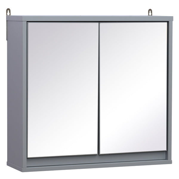 Wall Mounted Mirror Cabinet with Storage Shelf Bathroom Cupboard Double Door Grey