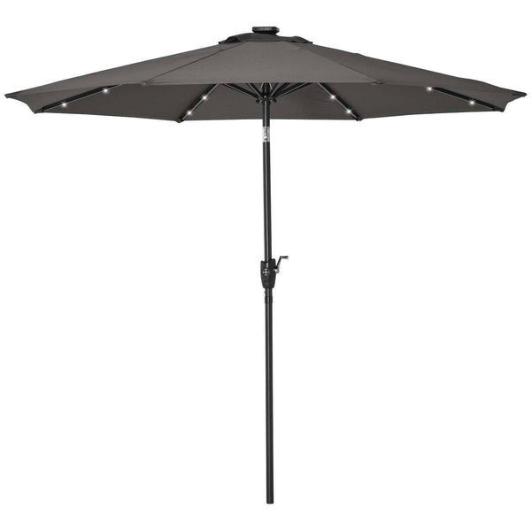 Garden Parasol Outdoor Tilt Sun Umbrella Patio 24 LED Light Hand Crank Grey