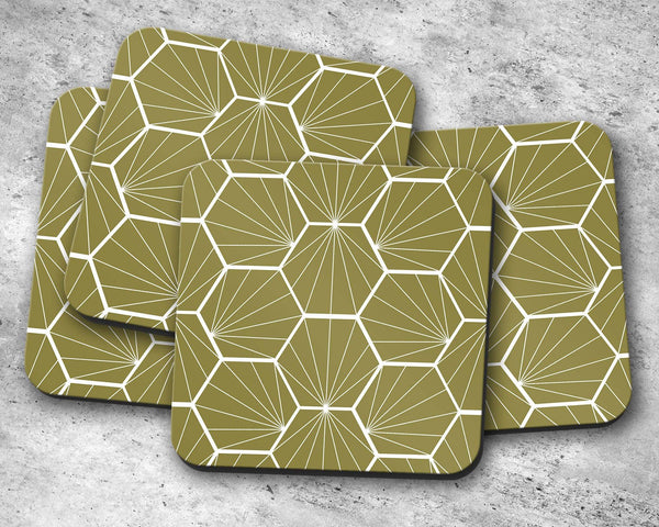 Olive Green Coasters with a White Hexagon Design, Table Decor Drinks Mat