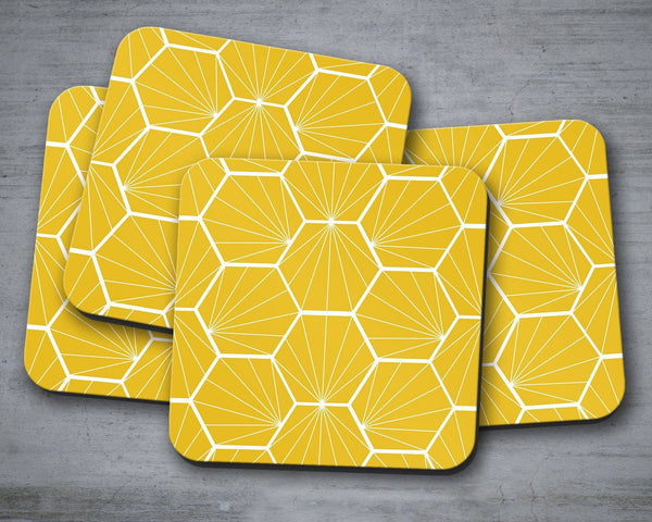 Yellow Coasters with a White Hexagon Design, Table Decor Drinks Mat