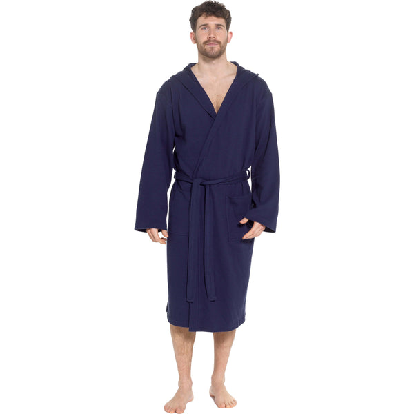 Men’s Hooded Waffle Cotton Bathrobe Navy Super Absorbent Spa Robe Luxury Dressing Gown for Home & Loungewear by OLIVIA ROCCO