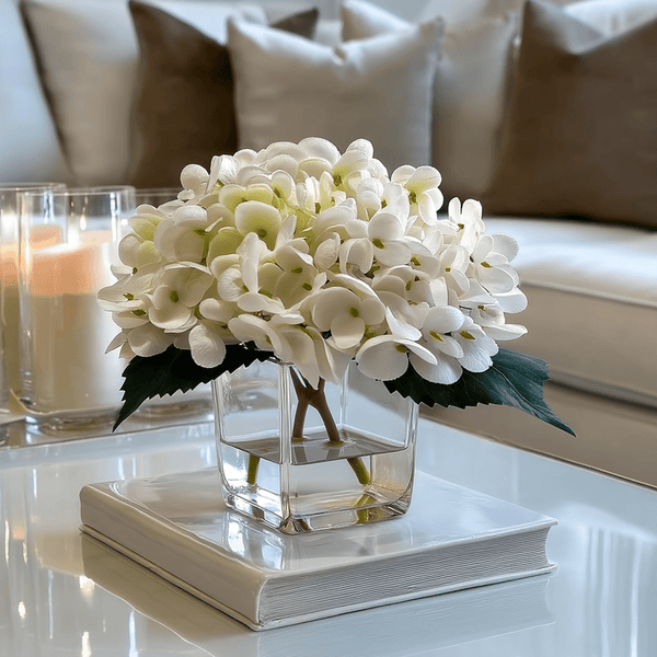Mini Faux Cream Hydrangeas Floral Arrangement in Square Glass Vase