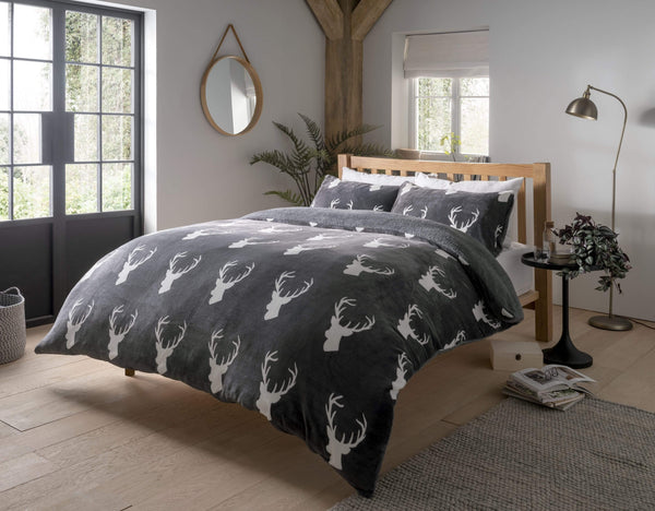 Stag Reversible Teddy Faux Fur Fleece Duvet Set Super Soft Charcoal Grey Warm Bedding OEKO-TEX Certified Available in Single Double King Sizes by OLIVIA ROCCO