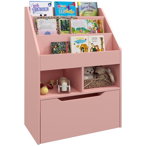 Homcom Kids Bookcase, Toy Box w/ Storage Drawer, Wheels for Bedroom - Pink