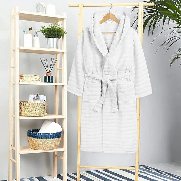 Women's Hydro Ribbed Ultra Soft 100% Cotton Hooded Bath Robes with Pockets and Belt Luxury Terry Towelling Loungewear Sleepwear in White and Grey by OLIVIA ROCCO