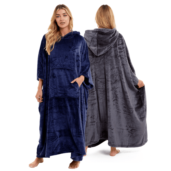 Women's Oversized Hooded Poncho Blanket Ultra-Soft Plush Fleece Giant Hoodie Sweatshirt Navy and Charcoal Lounge Wear with Double Front Pocket for Indoor and Outdoor Use by Daisy Dreamer