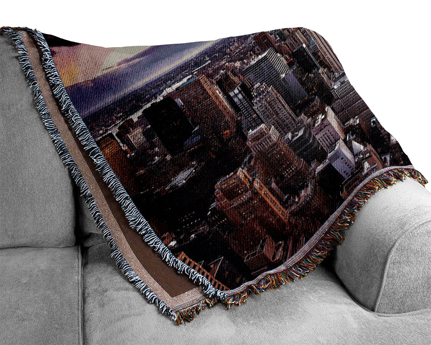 Aerial View Of New York City At Dusk Woven Blanket