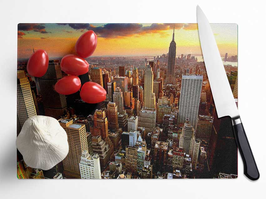 Aerial View Of New York City Sunset Glass Chopping Board