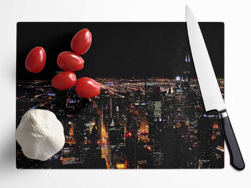 Ariel View Of The Night City Glass Chopping Board