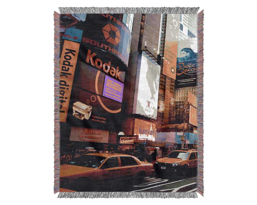 Billboards Of New YorkWith Yellow Cabs Woven Blanket