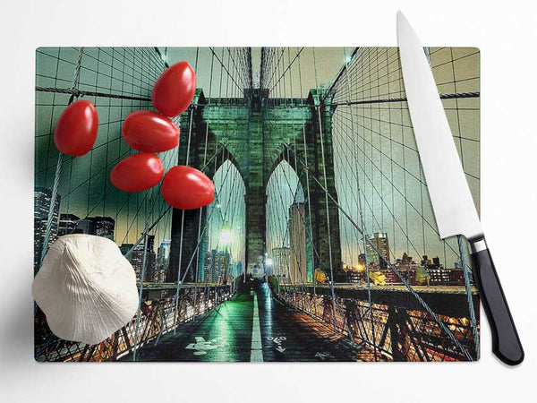 Brooklyn Bridge At Night Green Glow Glass Chopping Board