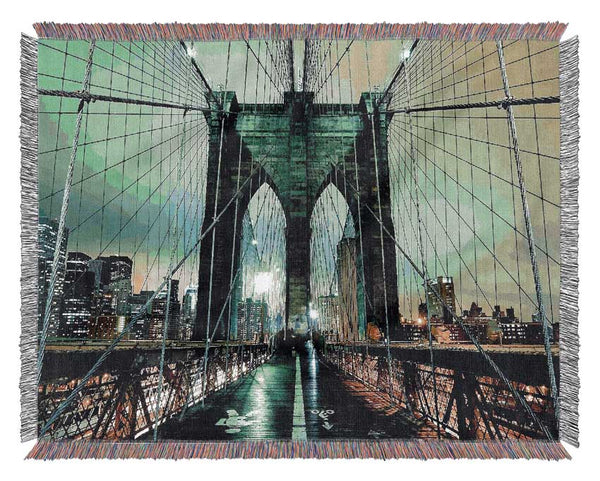 Brooklyn Bridge At Night Green Glow Woven Blanket