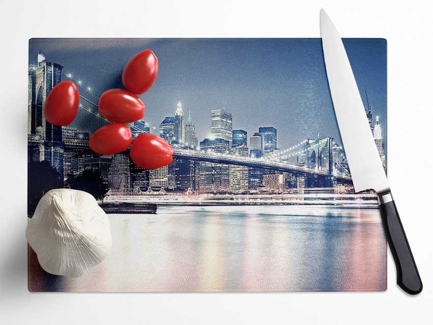 Brooklyn Bridge At Night Pink Waters Glass Chopping Board