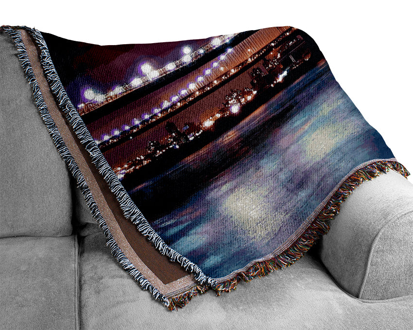 Brooklyn Bridge Lights By The Water Woven Blanket