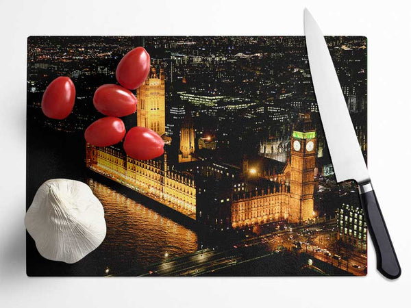 London Houses Of Parliament Ariel View Glass Chopping Board