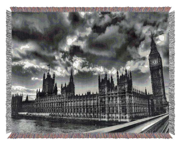 London Houses Of Parliament B n W Storm Clouds Woven Blanket