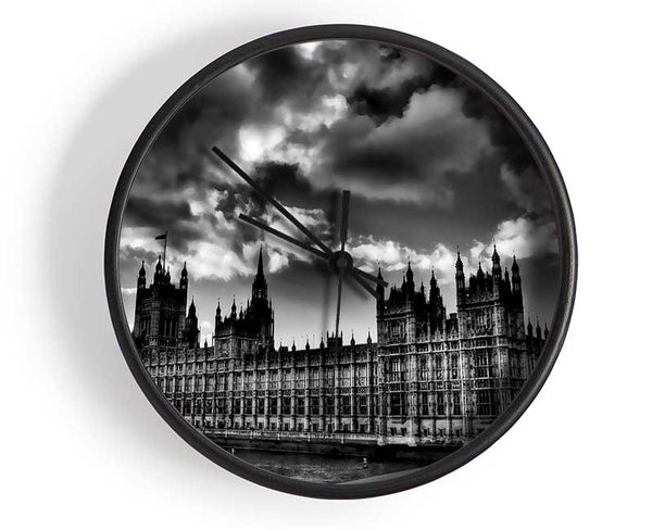 London Houses Of Parliament B n W Storm Clouds Clock - Wallart-Direct UK
