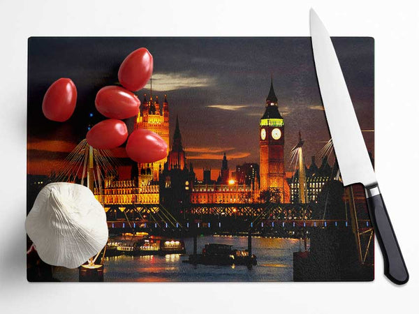 London Houses Of Parliament Lights Glass Chopping Board
