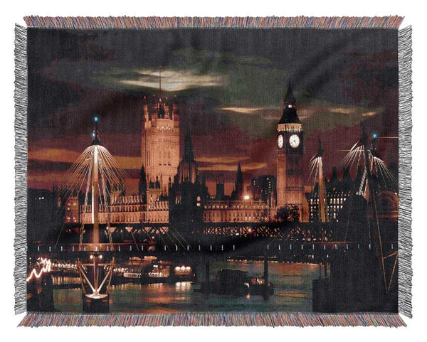 London Houses Of Parliament Lights Woven Blanket