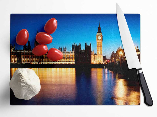 London Houses Of Parliament Night Reflections Glass Chopping Board