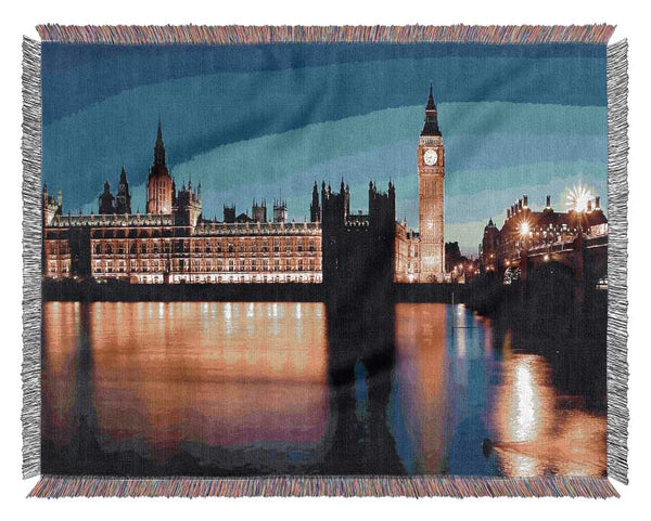 London Houses Of Parliament Night Reflections Woven Blanket
