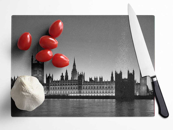 London Houses Of Parliament On The Thames B n W Glass Chopping Board