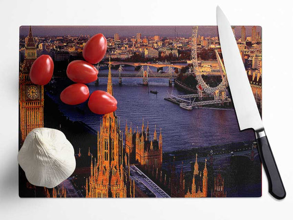 London Morning Glow Over The Thames Glass Chopping Board