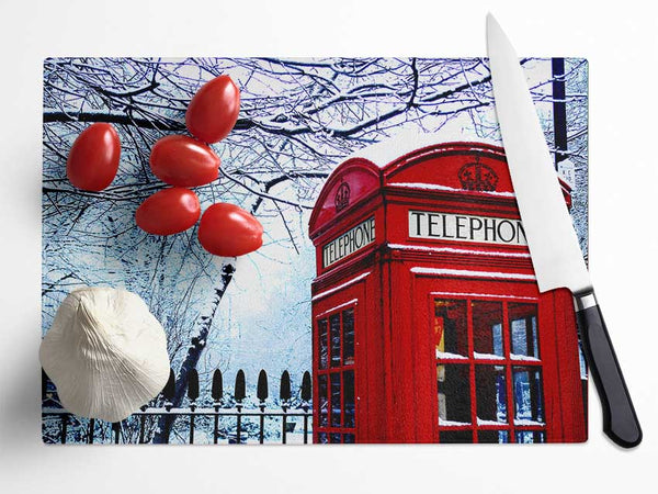 London Telephone Box In The Snow Glass Chopping Board