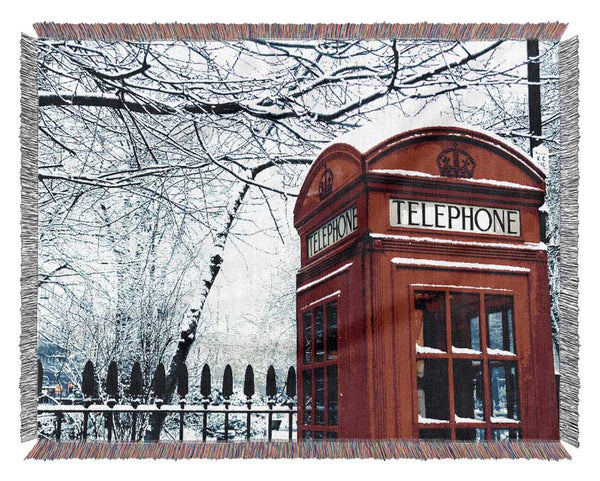 London Telephone Box In The Snow Woven Blanket