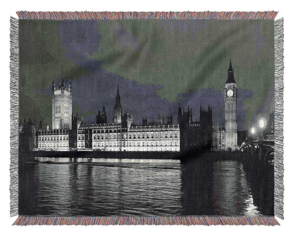 London Thames Houses Of Parliament B n W Night Woven Blanket