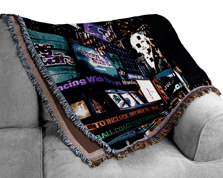 New York Times Square Blue Skys At Night Woven Blanket