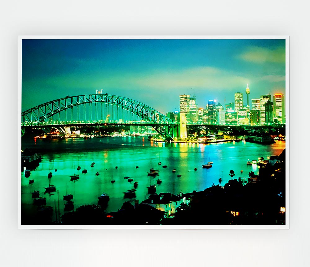 Sydney Harbour Bridge Green Glow Print Poster Wall Art
