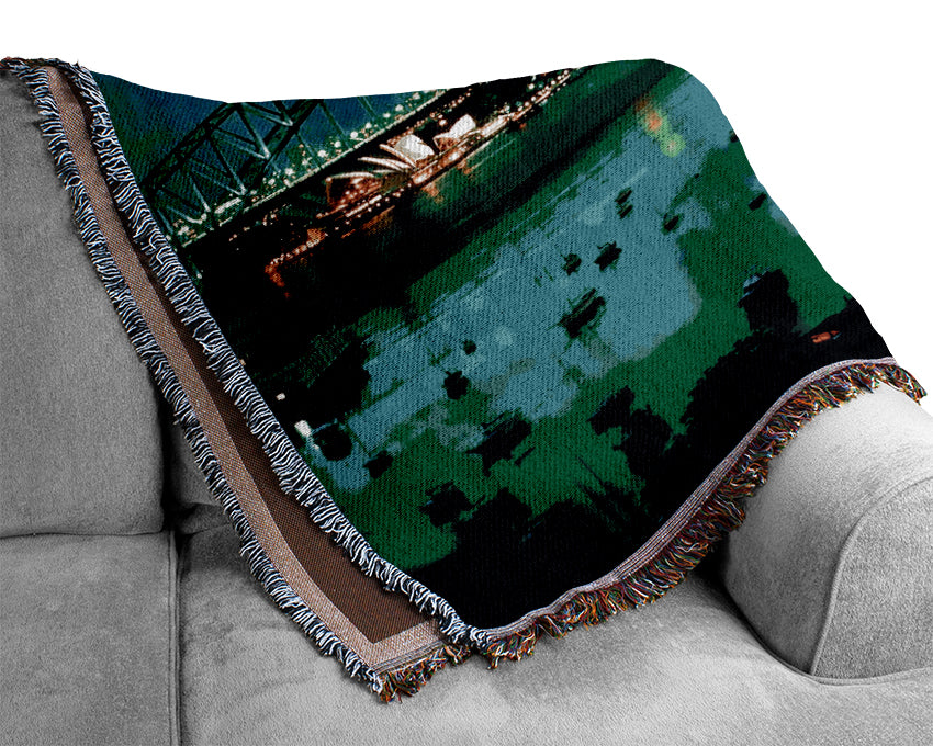 Sydney Harbour Bridge Green Glow Woven Blanket