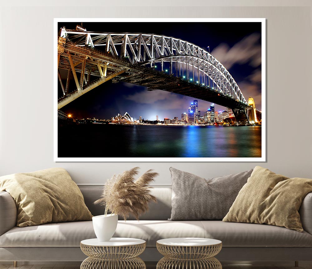 Sydney Harbour Bridge Night Light Reflections Print Poster Wall Art