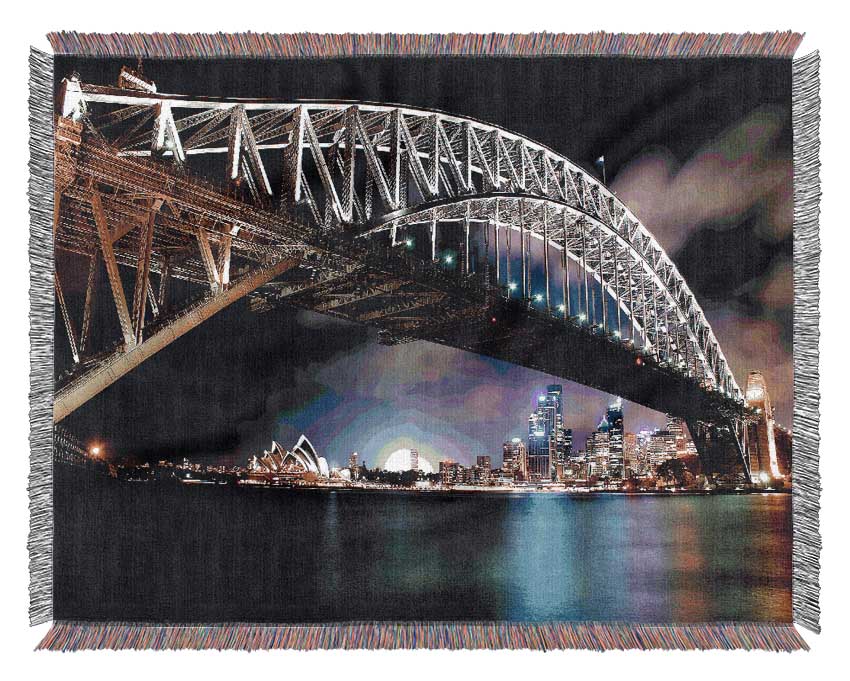 Sydney Harbour Bridge Night Light Reflections Woven Blanket