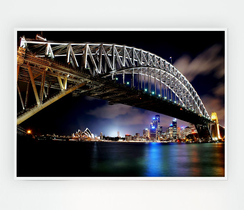 Sydney Harbour Bridge Night Light Reflections Print Poster Wall Art