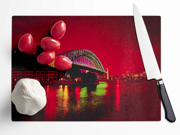 Sydney Harbour Bridge Red Glow Glass Chopping Board