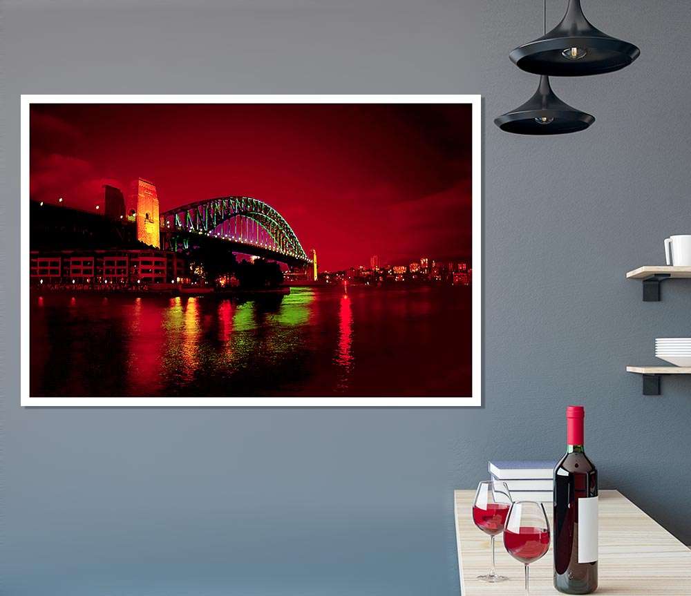Sydney Harbour Bridge Red Glow Print Poster Wall Art