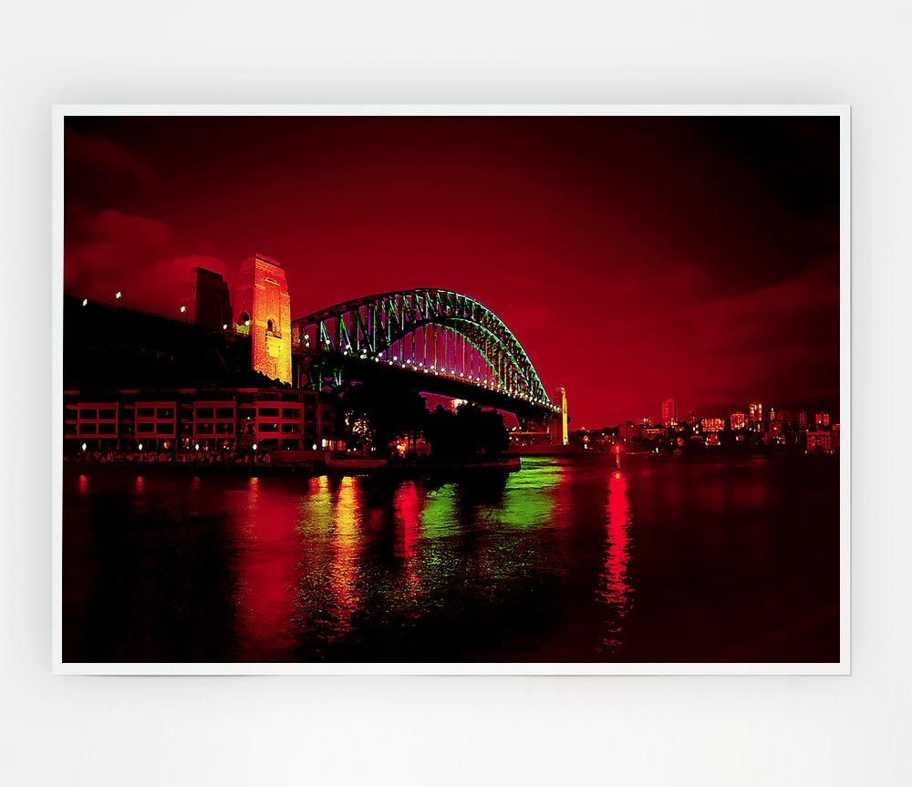Sydney Harbour Bridge Red Glow Print Poster Wall Art