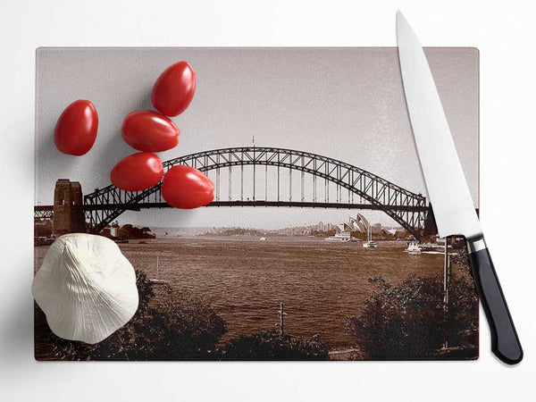 Sydney Harbour Bridge Retro Sepia Glass Chopping Board