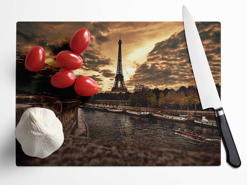 Eiffel Tower Sepia Clouds Glass Chopping Board