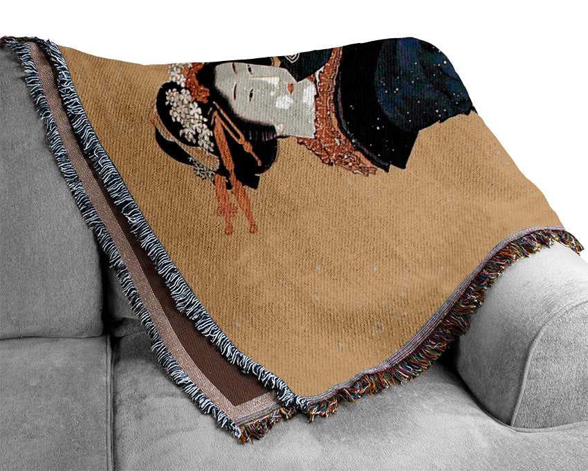 Hokusai Beauty With Umbrella In The Snow Woven Blanket