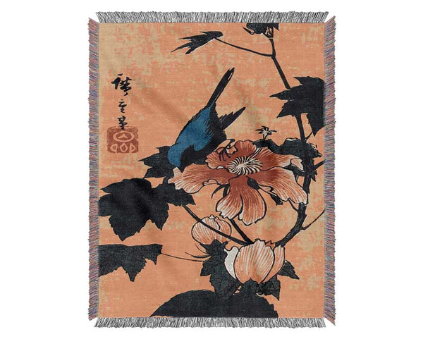 Hiroshige Bird On A Hibiscus Flower Woven Blanket