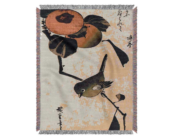 Hiroshige Bird On A Persimmon Tree Woven Blanket