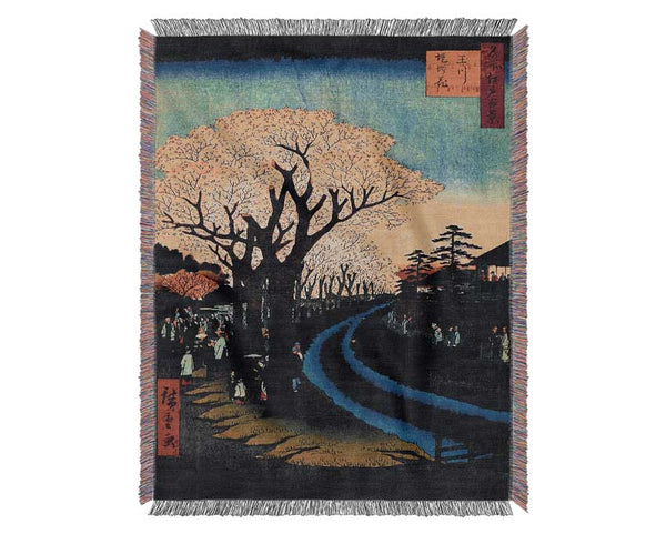 Hiroshige Blossoms On The Tama River Woven Blanket