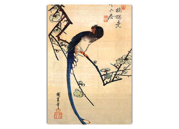 Blauer Vogel auf einem Pflaumenbaum von Hiroshige
