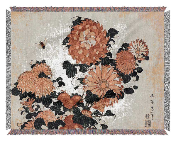 Hokusai Chrysanthemum And Bee Woven Blanket